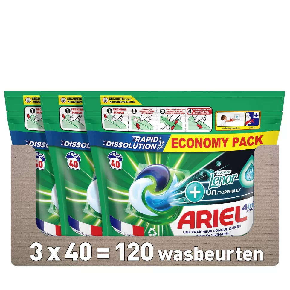 Outlet Pods+ Vloeibaar Wasmiddelcapsules + Touch Van Lenor Unst Color - 3 X 40 Wasbeurten - 120 Wasbeurten Huishoudmiddelen